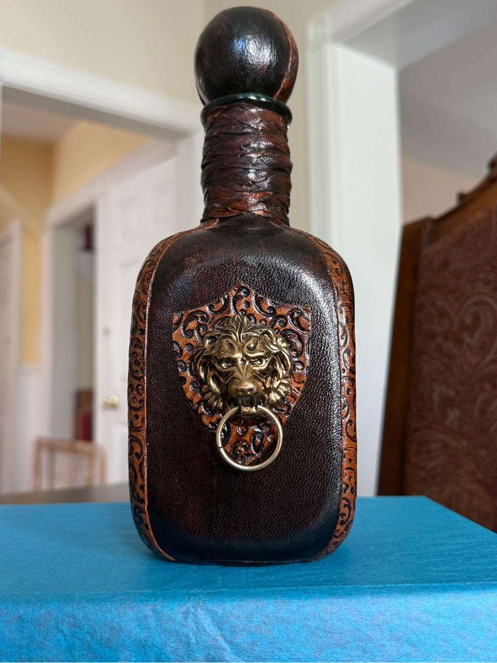 VTG Italian Leather Wrapped Glass Decanter Wine Bottle Brass Lion’s Head - EMPTY